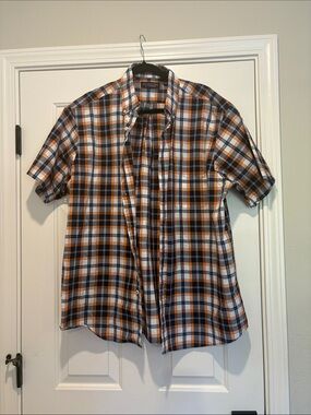 Roundtree & Yorke Orange and Navy Plaid Button-Down Shirt